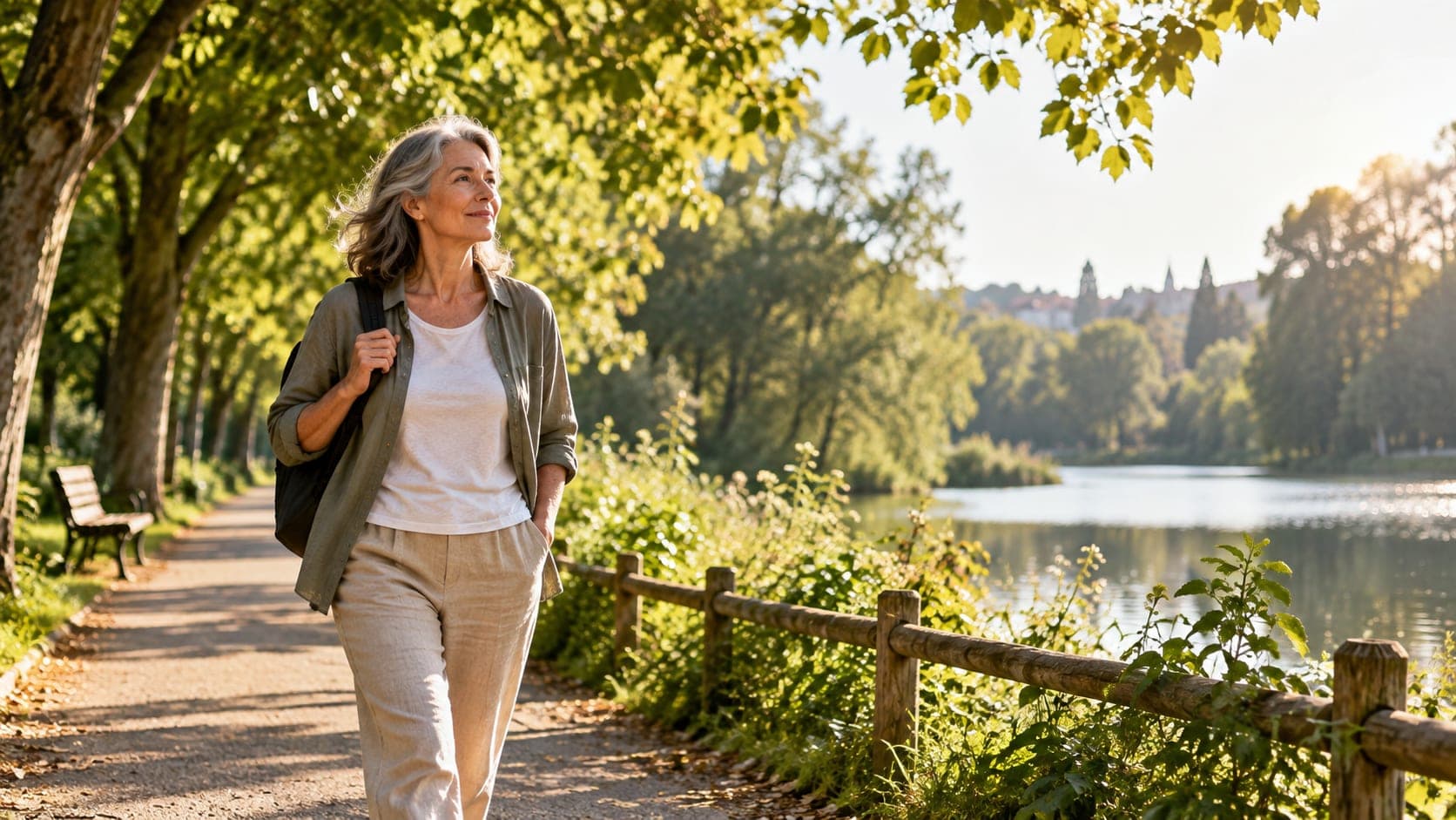 Mujer adulta caminando tranquilamente por un sendero arbolado junto a un lago, iluminado por el sol de la mañana.